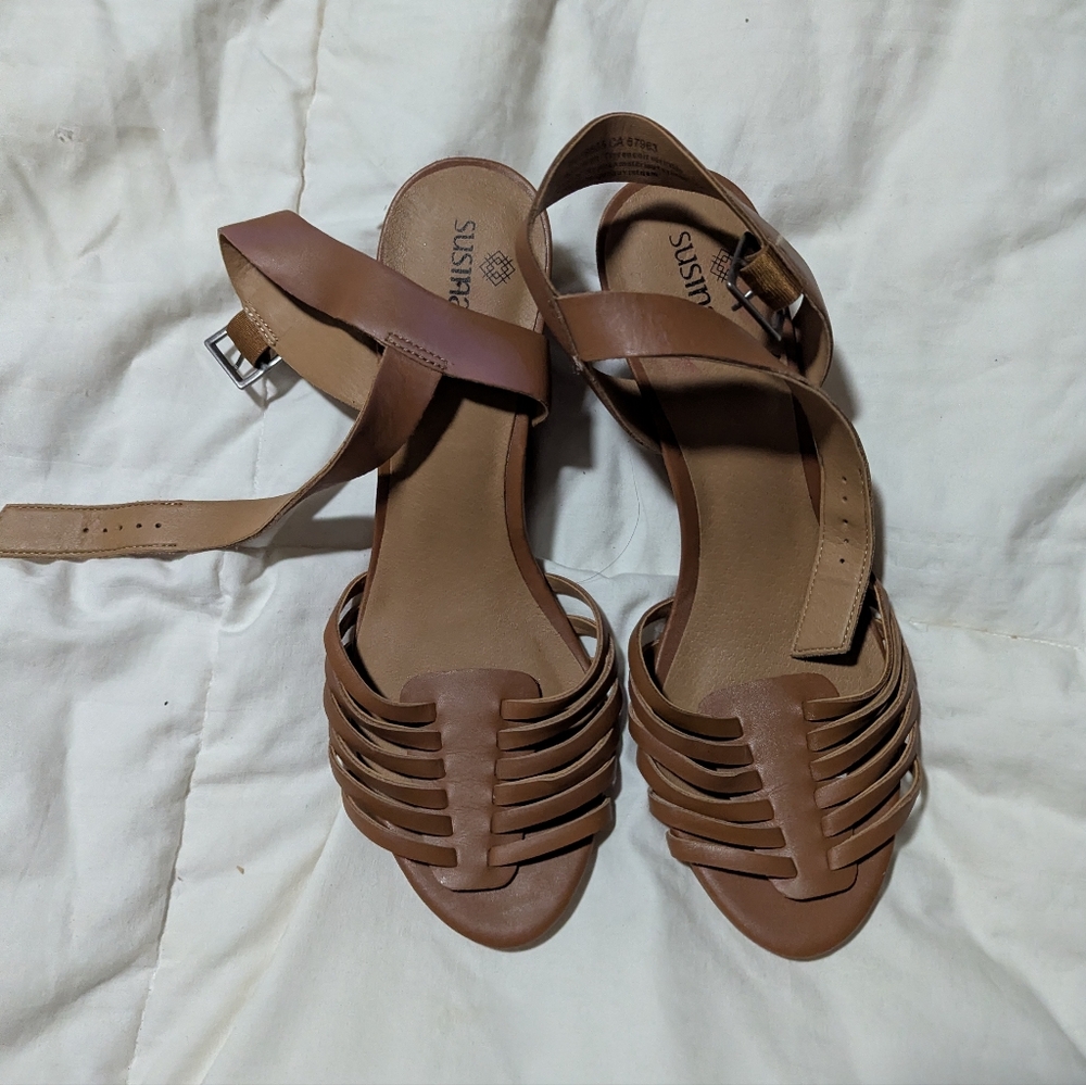 Susina 7.5M Terra-Lea Cognac Leather Wedge Sandal With Ankle Strap & Buckle